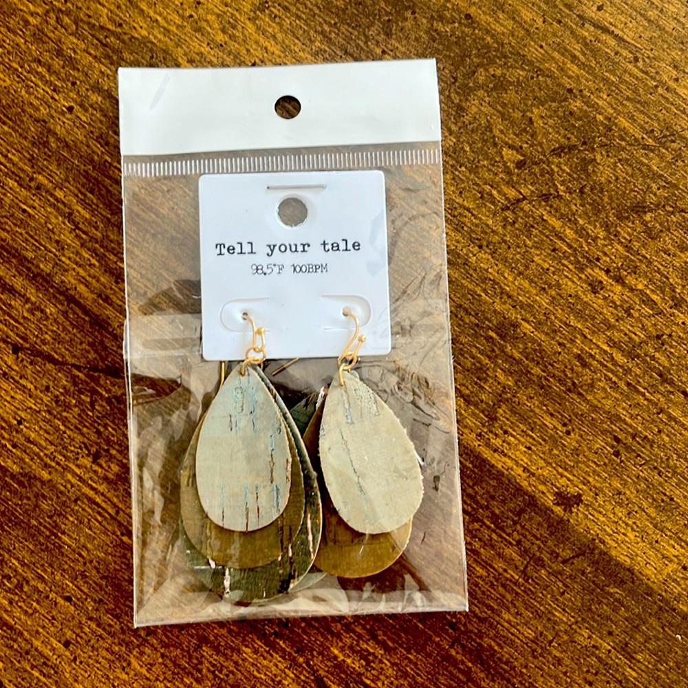 **New leather teardrop earrings on gold french wire, grey & brown neutral color